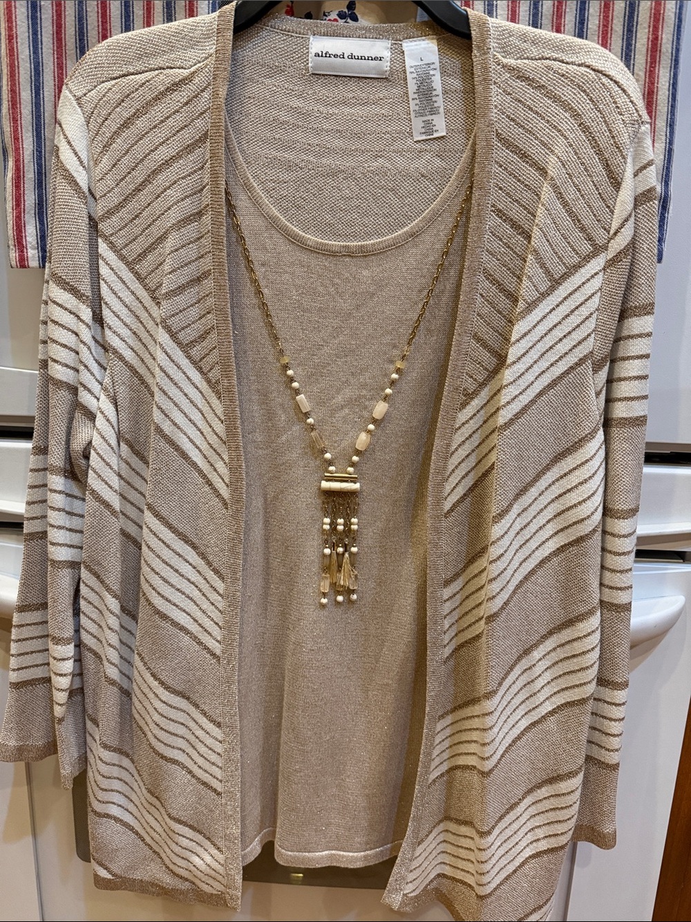 Alfred Dunner Cream & Tan Striped Open-Front Cardigan with Shell